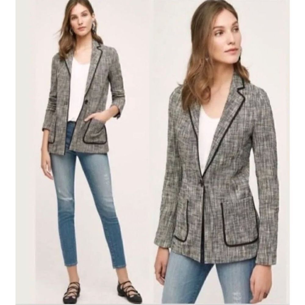 Cartonnier Anthropologie Leonie Black White Gray Tweed Blazer Jacket Size 2
